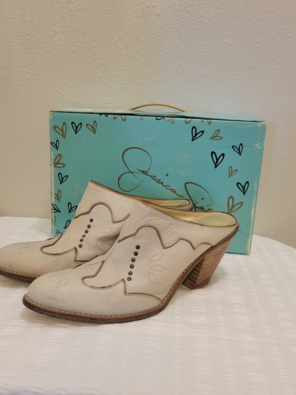 Jessica Simpson Cream Western-Inspired Leather Mule Heels